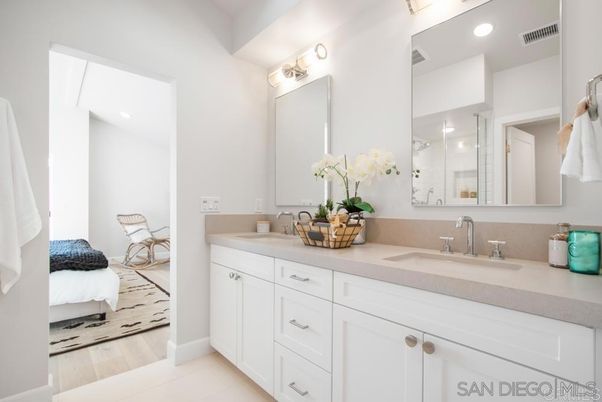 Bathroom, Dual Sink Vanities, Interior, Recessed Lighting, Wood Texture Flooring