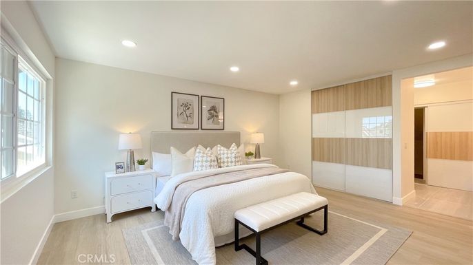 Bedroom, Interior, Recessed Lighting, Wood Texture Flooring