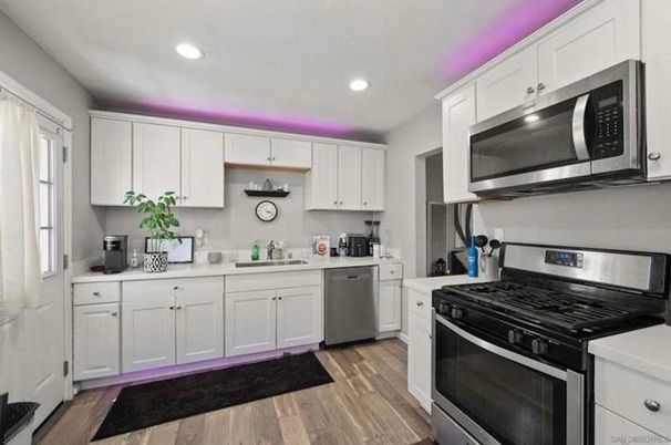 Interior, Kitchen, Recessed Lighting, Stainless Steel Appliances, Wood Texture Flooring