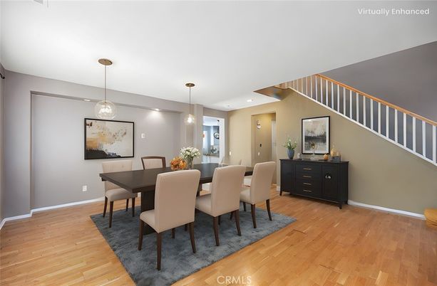 Dining room, Interior, Pendant Lights, Recessed Lighting, Wood Texture Flooring