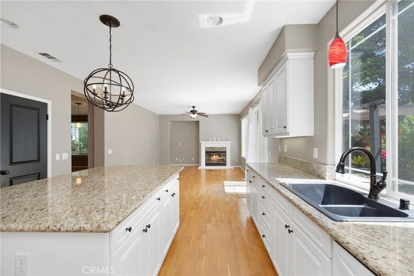Fireplace, Interior, Kitchen, Pendant Lights, Wood Texture Flooring