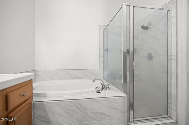 Bathroom, Glass Shower, Interior, Marble Walls, Tile Countertops