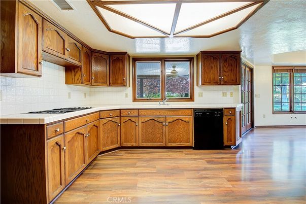 Interior, Kitchen, Tile Countertops, Wood Texture Flooring