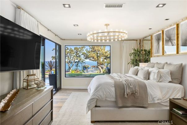 Bedroom, Chandelier, Interior, Recessed Lighting, Wood Texture Flooring