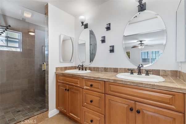 Bathroom, Dual Sink Vanities, Glass Shower, Interior, Tile Countertops