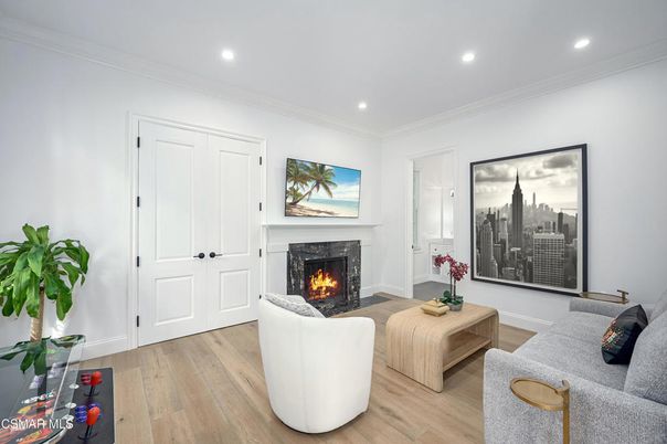 Fireplace, Interior, Living room, Recessed Lighting, Wood Texture Flooring