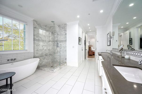 Bathroom, Dual Sink Vanities, Free Standing Baths, Glass Shower, Interior, Marble Walls, Recessed Lighting
