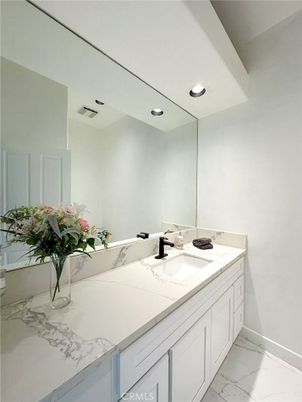 Bathroom, Dual Sink Vanities, Interior, Marble, Recessed Lighting