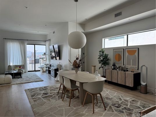 Dining room, Interior, Living room, Pendant Lights, Recessed Lighting, Wood Texture Flooring