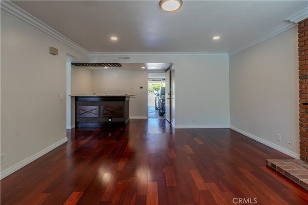Empty room, Interior, Recessed Lighting, Stone Walls, Wood Texture Flooring