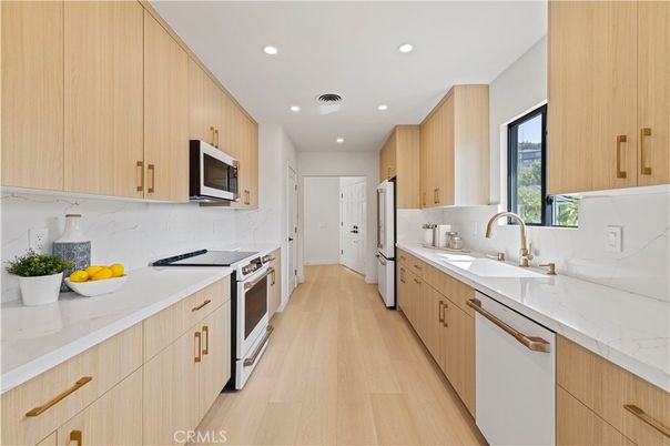 Interior, Kitchen, Recessed Lighting, Stainless Steel Appliances, Wood Texture Flooring