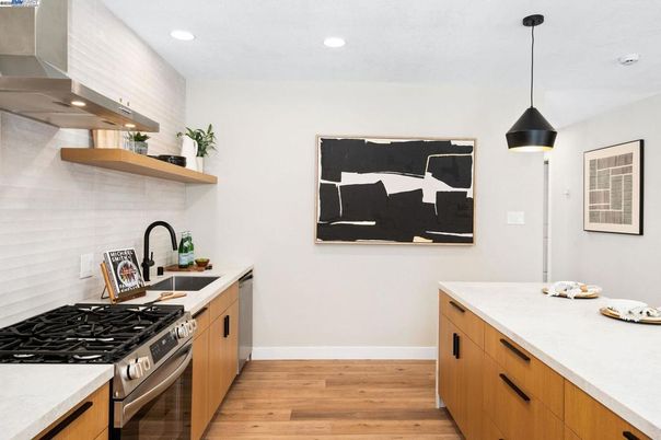 Interior, Kitchen, Pendant Lights, Recessed Lighting, Stainless Steel Appliances, Wood Texture Flooring