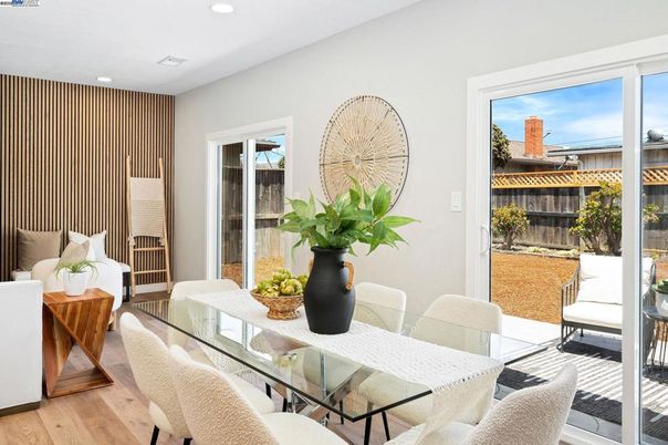 Dining room, Interior, Recessed Lighting, Wood Texture Flooring