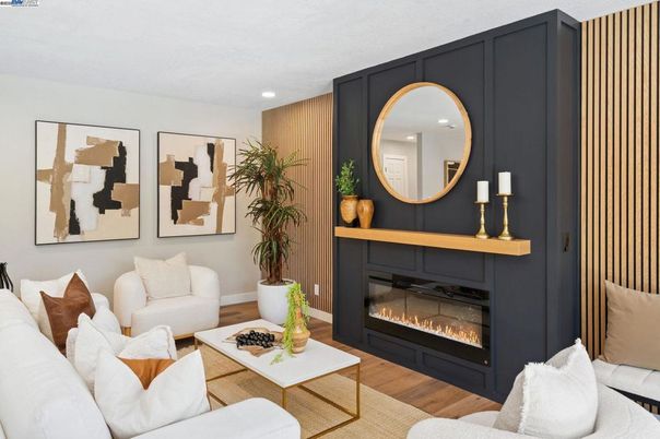 Fireplace, Interior, Living room, Recessed Lighting, Wood Texture Flooring