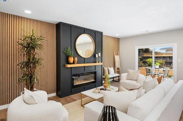 Fireplace, Interior, Living room, Recessed Lighting, Wood Texture Flooring