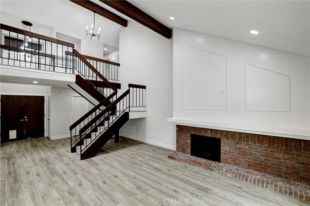 Fireplace, Interior, Pendant Lights, Recessed Lighting, Wooden Beams, Wood Texture Flooring