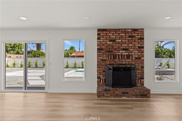 Fireplace, Interior, Recessed Lighting, Stone Walls, Wood Texture Flooring
