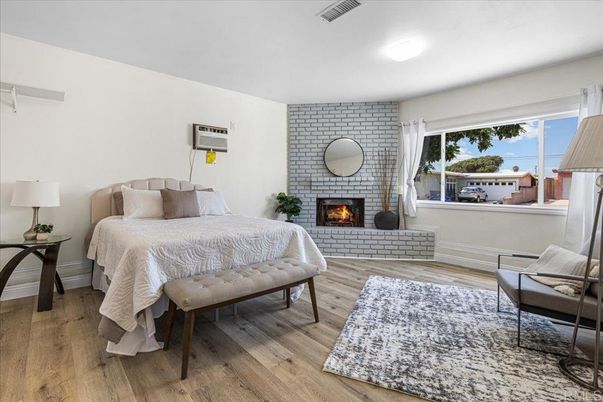 Bedroom, Fireplace, Interior, Stone Walls, Wood Texture Flooring