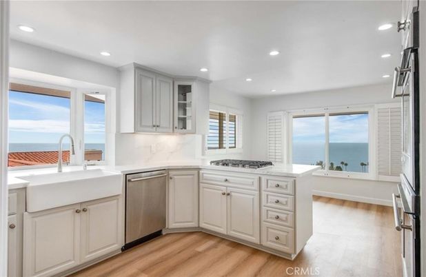 Interior, Kitchen, Recessed Lighting, Stainless Steel Appliances, Water, Wood Texture Flooring
