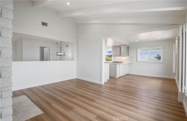 Empty room, Interior, Kitchen, Pendant Lights, Recessed Lighting, Wood Texture Flooring