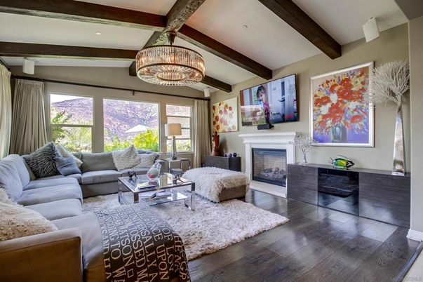 Chandelier, Fireplace, Interior, Living room, Recessed Lighting, Wooden Beams, Wood Texture Flooring