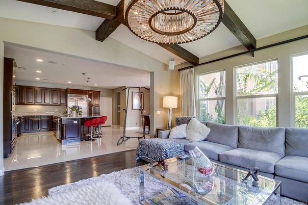 Interior, Kitchen, Living room, Pendant Lights, Recessed Lighting, Wooden Beams, Wood Texture Flooring