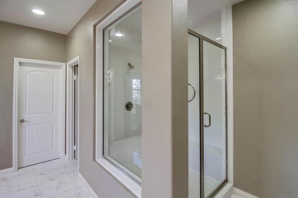 Bathroom, Glass Shower, Interior, Marble, Recessed Lighting