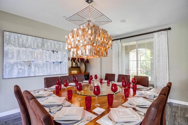Chandelier, Dining room, Interior, Wood Texture Flooring