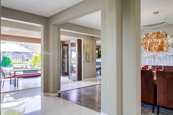 Dining room, Interior, Pendant Lights, Wood Texture Flooring