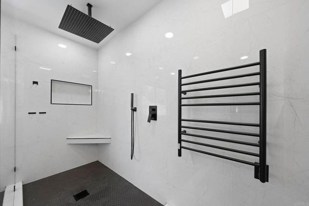 Bathroom, Glass Shower, Interior, Marble Walls, Recessed Lighting