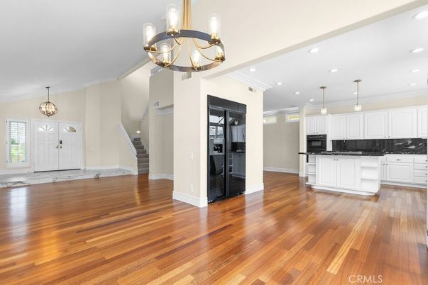 Chandelier, Interior, Kitchen, Pendant Lights, Recessed Lighting, Wood Texture Flooring