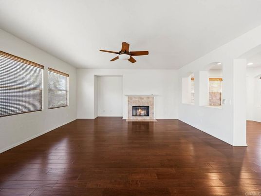Empty room, Fireplace, Interior, Recessed Lighting, Wood Texture Flooring