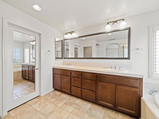 Bathroom, Dual Sink Vanities, Interior, Recessed Lighting, Tile Countertops