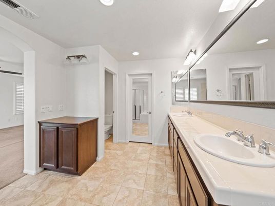 Bathroom, Dual Sink Vanities, Interior, Recessed Lighting, Tile Countertops