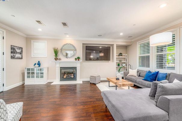 Fireplace, Interior, Living room, Recessed Lighting, Wood Texture Flooring