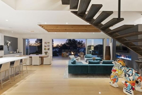 Fireplace, Interior, Living room, Recessed Lighting, Wood Texture Flooring