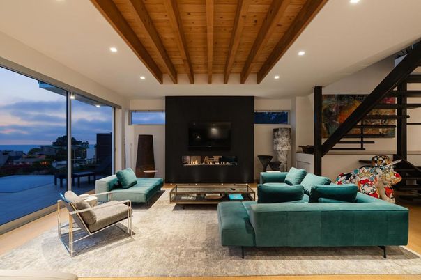 Fireplace, Interior, Living room, Recessed Lighting, Wooden Beams, Wooden Ceilings