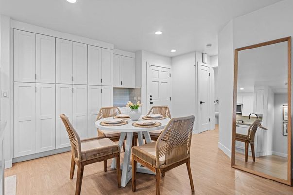 Dining room, Interior, Recessed Lighting, Wood Texture Flooring