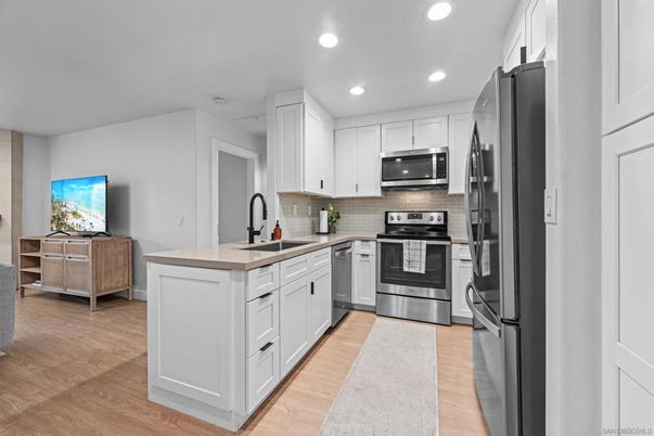 Interior, Kitchen, Recessed Lighting, Stainless Steel Appliances, Wood Texture Flooring