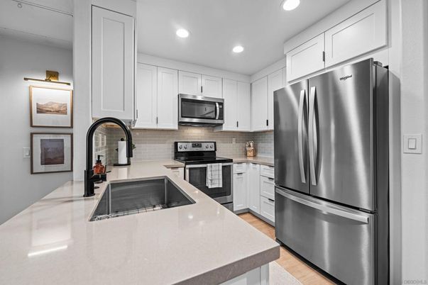 Interior, Kitchen, Recessed Lighting, Stainless Steel Appliances, Wood Texture Flooring