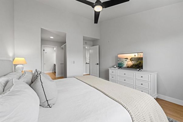 Bedroom, Interior, Recessed Lighting, Wood Texture Flooring
