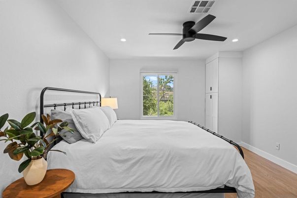 Bedroom, Interior, Recessed Lighting, Wood Texture Flooring