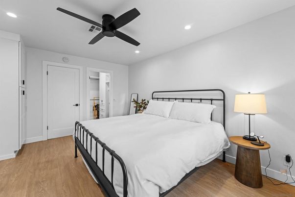 Bedroom, Interior, Recessed Lighting, Wood Texture Flooring