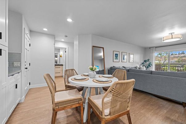 Dining room, Interior, Living room, Recessed Lighting, Wood Texture Flooring