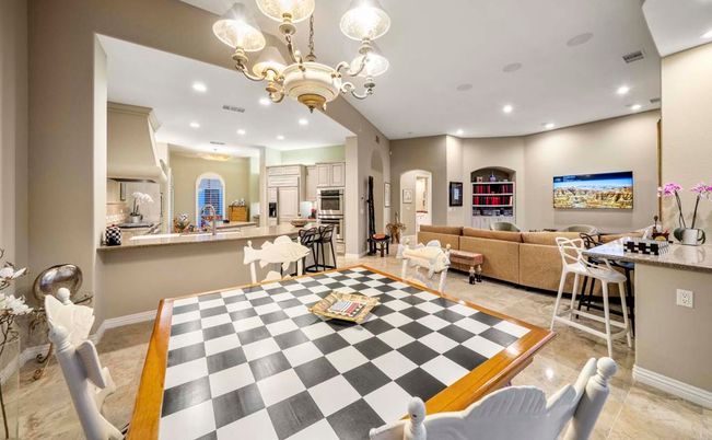 Chandelier, Dining room, Interior, Kitchen, Living room, Recessed Lighting, Stainless Steel Appliances