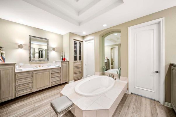 Bathroom, Dual Sink Vanities, Interior, Recessed Lighting, Tile Countertops, Wood Texture Flooring