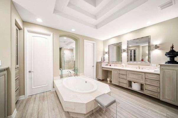 Bathroom, Dual Sink Vanities, Interior, Recessed Lighting, Wood Texture Flooring