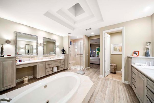 Bathroom, Dual Sink Vanities, Glass Shower, Interior, Recessed Lighting, Wood Texture Flooring