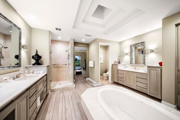 Bathroom, Dual Sink Vanities, Glass Shower, Interior, Recessed Lighting, Tile Countertops, Wood Texture Flooring