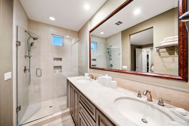 Bathroom, Dual Sink Vanities, Glass Shower, Interior, Recessed Lighting